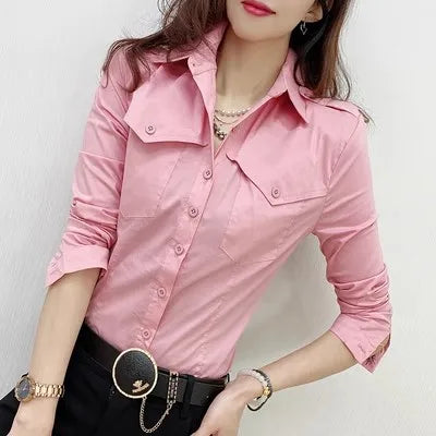 Women's European Style Long Sleeve Button Up Blouse With Pockets