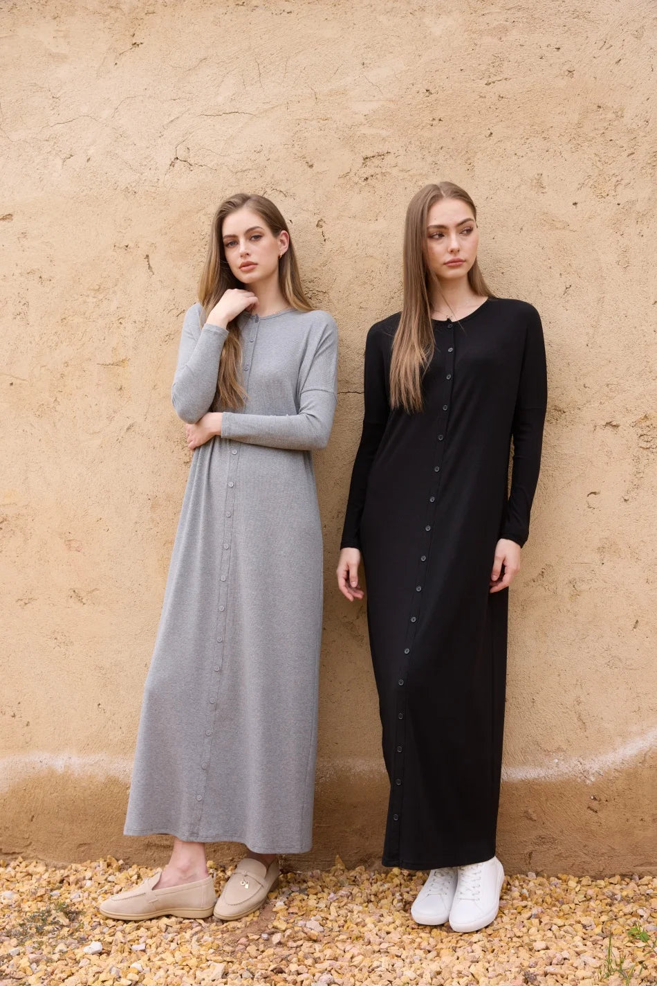 Women Loose Button Dress O Neck Rib Knit Cotton Elastane