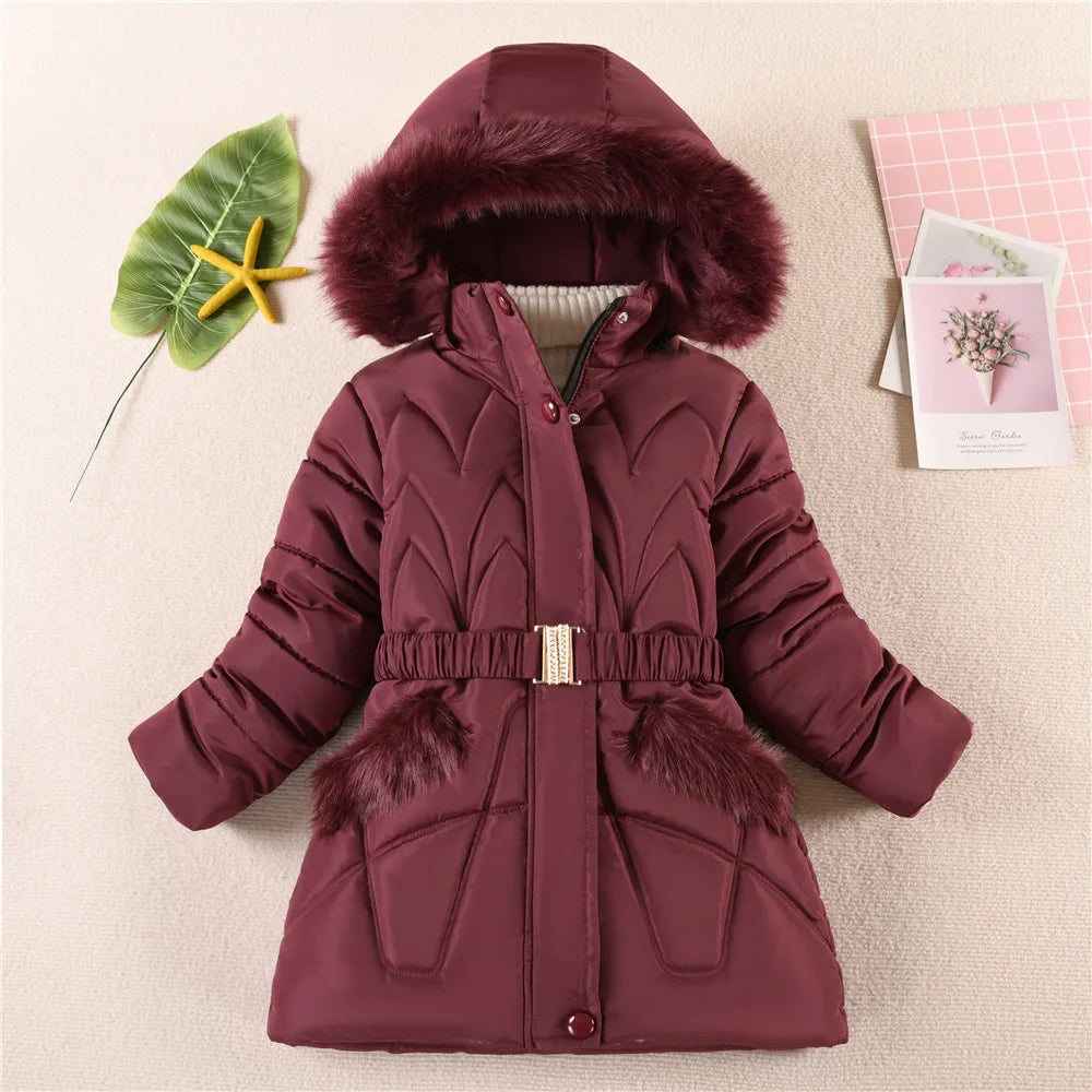 QICAIYAYA Girls Winter Hooded Coat With Detachable Hat And Waist Belt