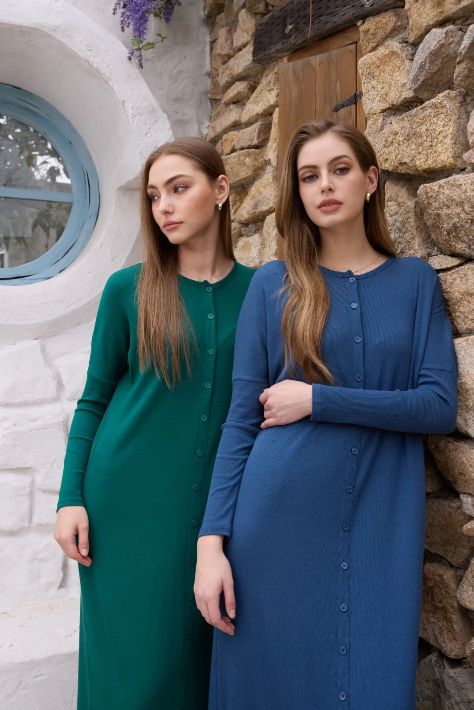 Women Loose Button Dress O Neck Rib Knit Cotton Elastane