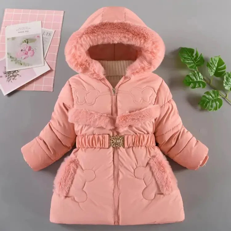 QICAIYAYA Girls Winter Hooded Coat With Detachable Hat And Waist Belt