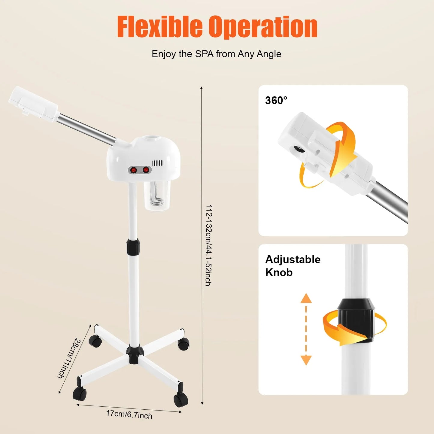 Ozone Facial Steamer Wheels With Adjustable Height And Rotating Nozzle