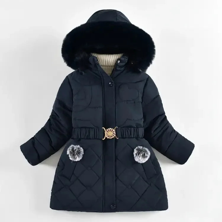 QICAIYAYA Girls Winter Hooded Coat With Detachable Hat And Waist Belt