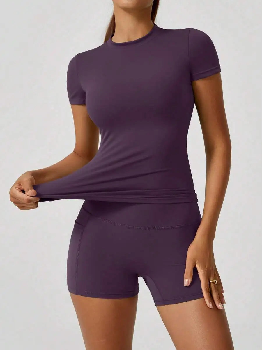 Women's High Waist Tummy Control Short Sleeve Sports Set
