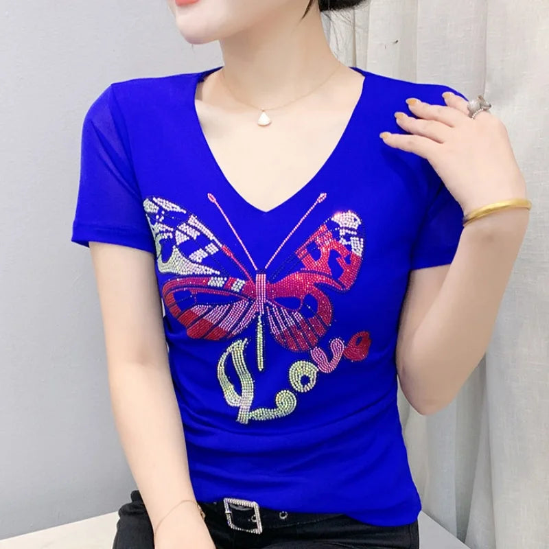 Korean Women Summer Mesh T Shirt Diamonds Butterfly Top