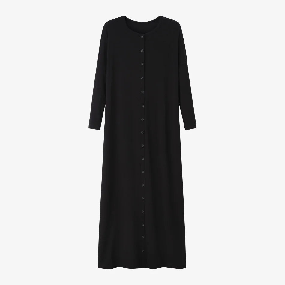 Women Loose Button Dress O Neck Rib Knit Cotton Elastane