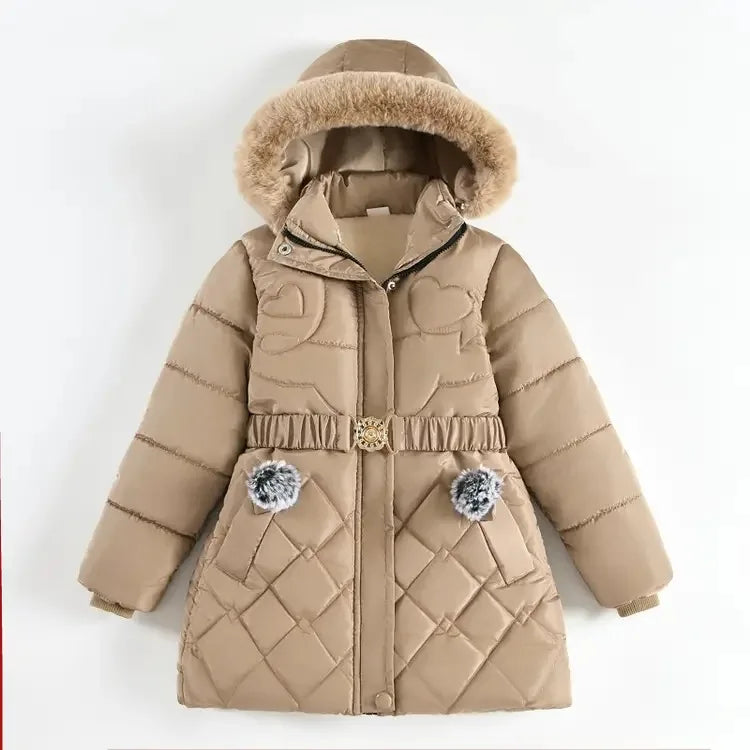 QICAIYAYA Girls Winter Hooded Coat With Detachable Hat And Waist Belt