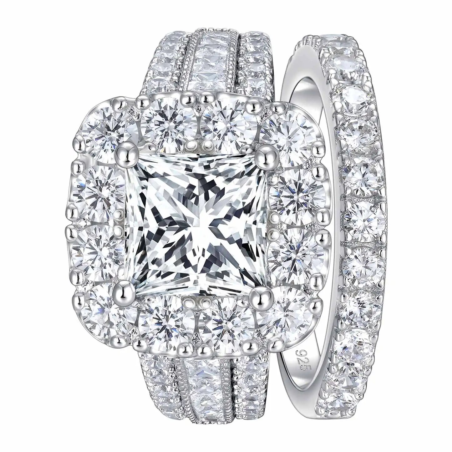 Newshe 2Pcs 925 Silver Halo Princess Cut Ring Set Jewelry