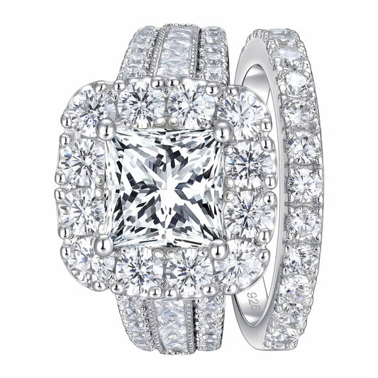 Newshe 2Pcs 925 Silver Halo Princess Cut Ring Set Jewelry