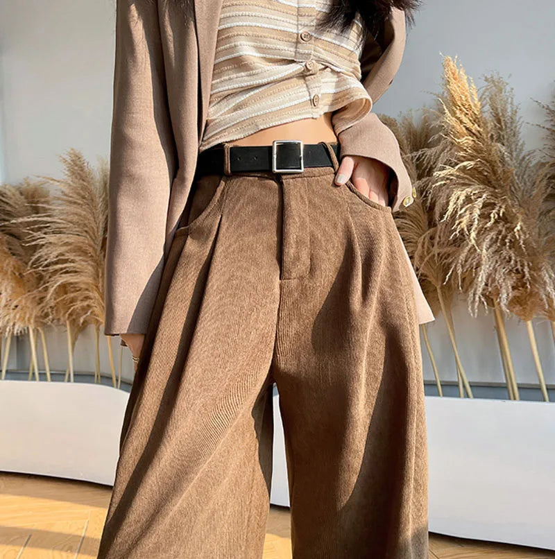 KUYING Womens Corduroy High Waist Wide Leg Pants Autumn Winter