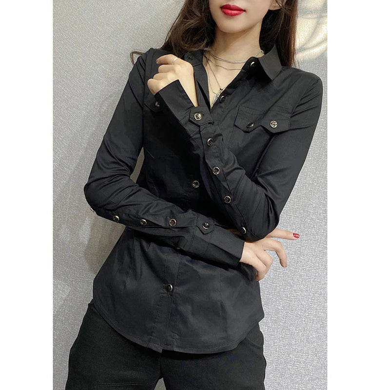 Women Long Sleeve Knit Button Up Blouse With Pockets For Office
