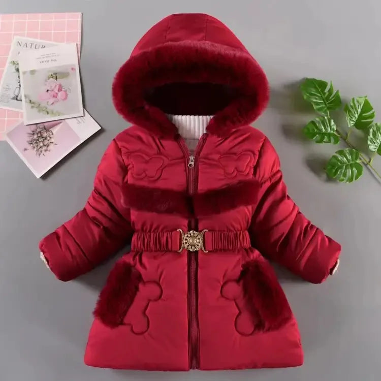 QICAIYAYA Girls Winter Hooded Coat With Detachable Hat And Waist Belt