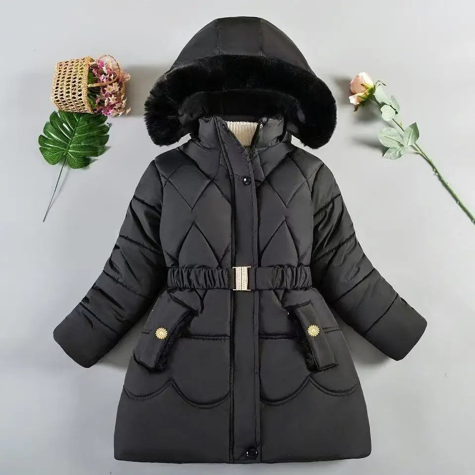 QICAIYAYA Girls Winter Hooded Coat With Detachable Hat And Waist Belt