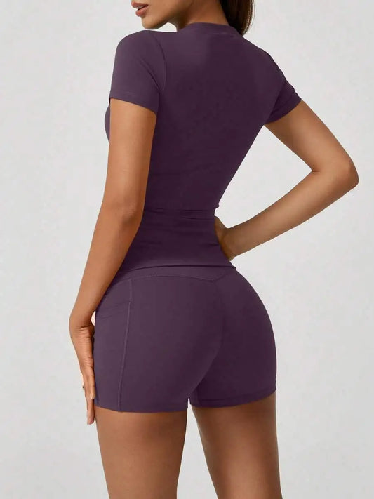 Women's High Waist Tummy Control Short Sleeve Sports Set