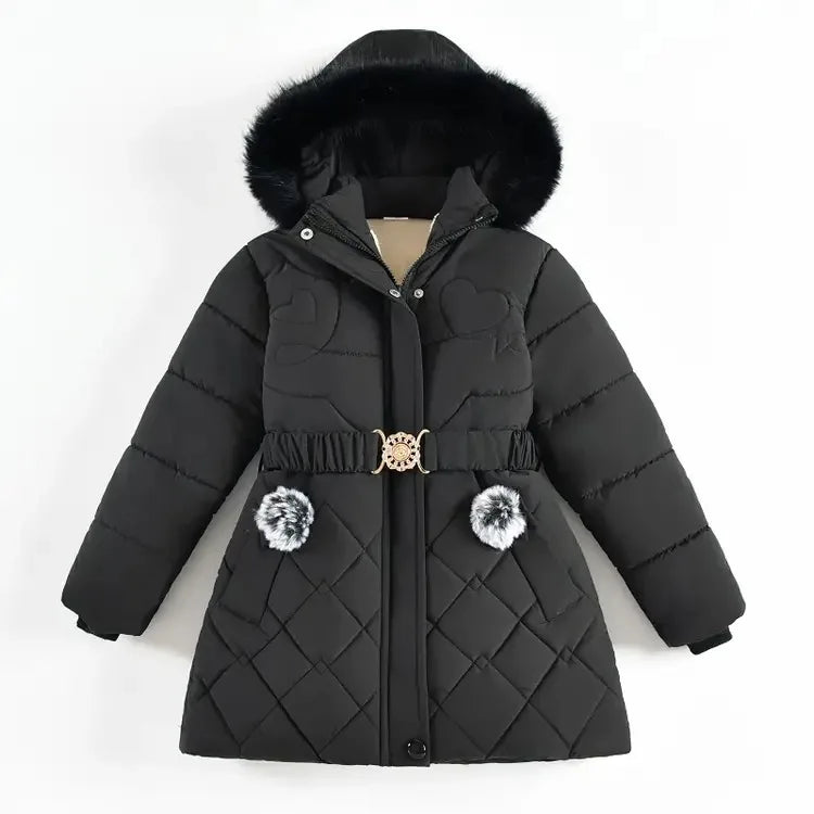 QICAIYAYA Girls Winter Hooded Coat With Detachable Hat And Waist Belt