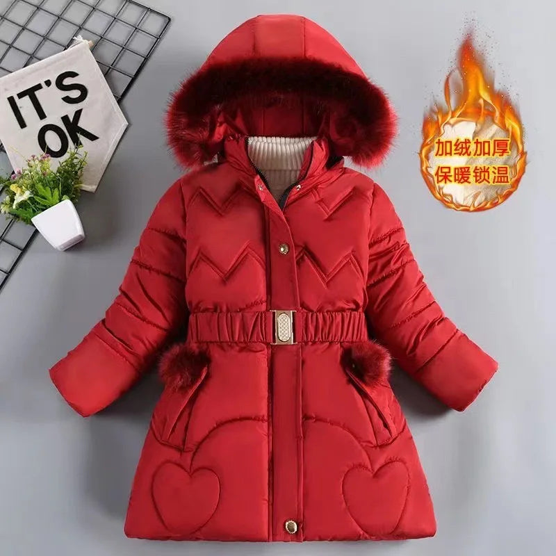 QICAIYAYA Girls Winter Hooded Coat With Detachable Hat And Waist Belt