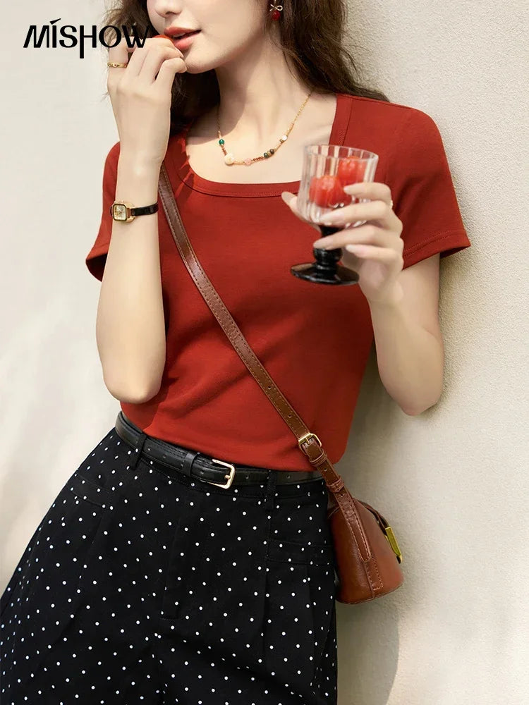 MISHOW Womens Short Sleeve Square Neck Cotton Tee Top
