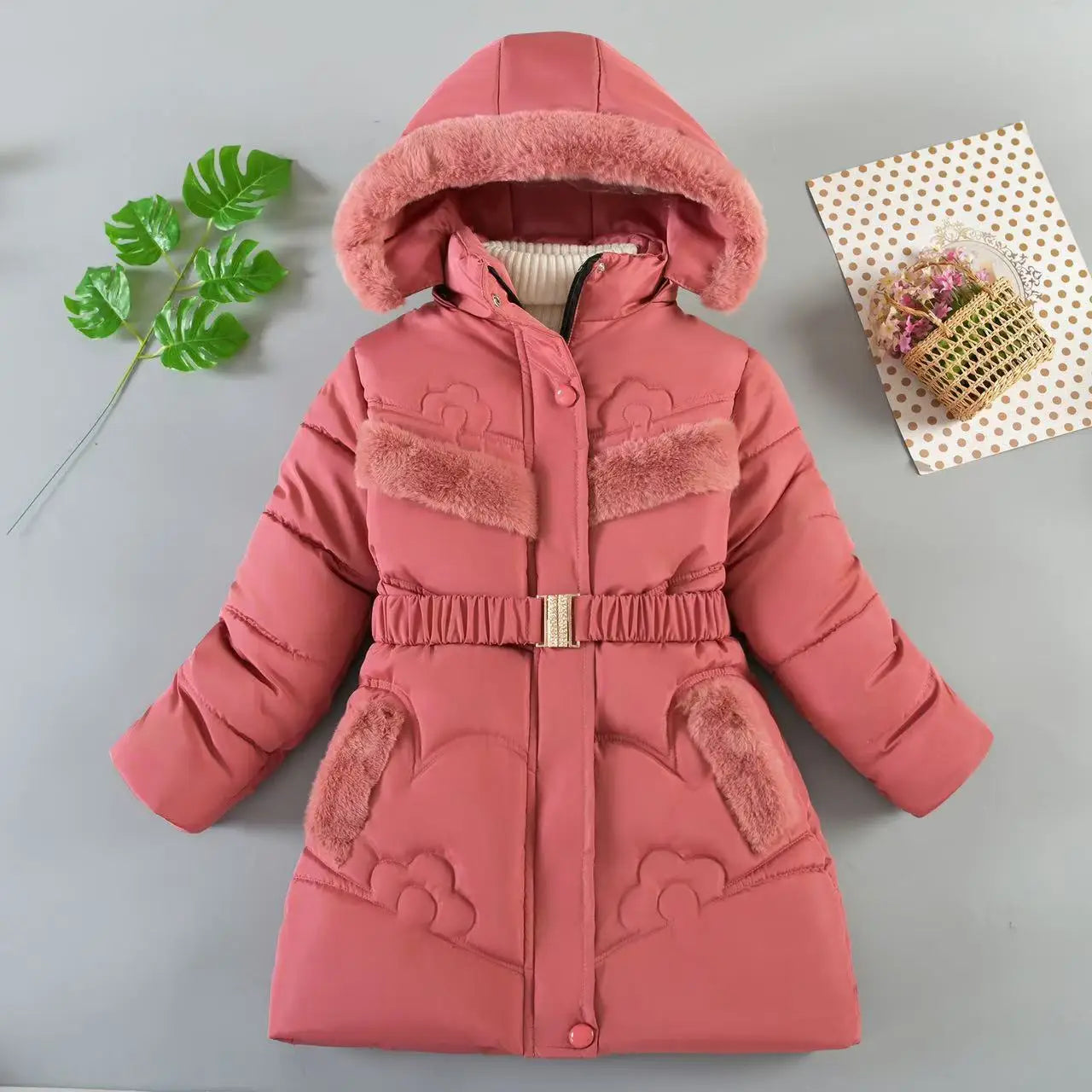 QICAIYAYA Girls Winter Hooded Coat With Detachable Hat And Waist Belt