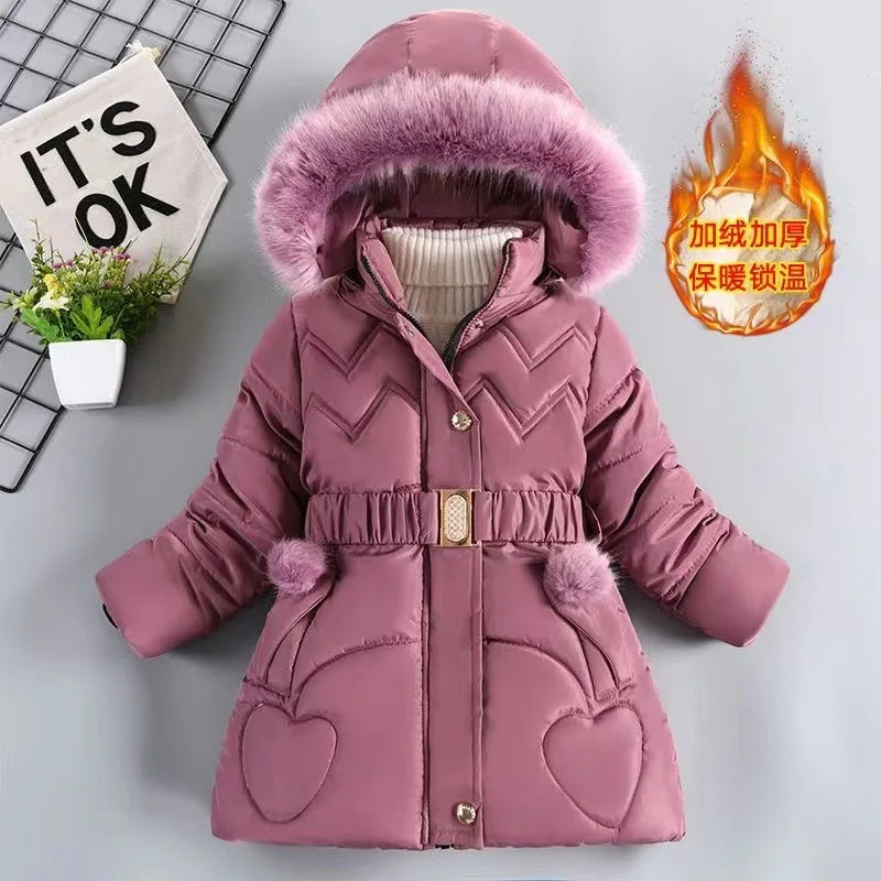 QICAIYAYA Girls Winter Hooded Coat With Detachable Hat And Waist Belt
