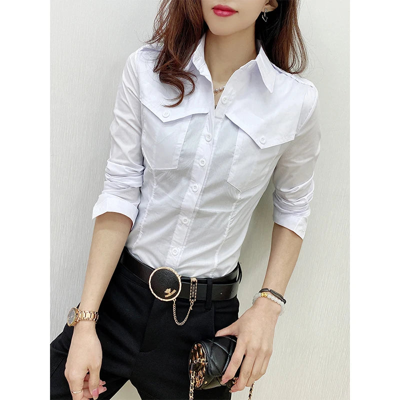 Women's European Style Long Sleeve Button Up Blouse With Pockets