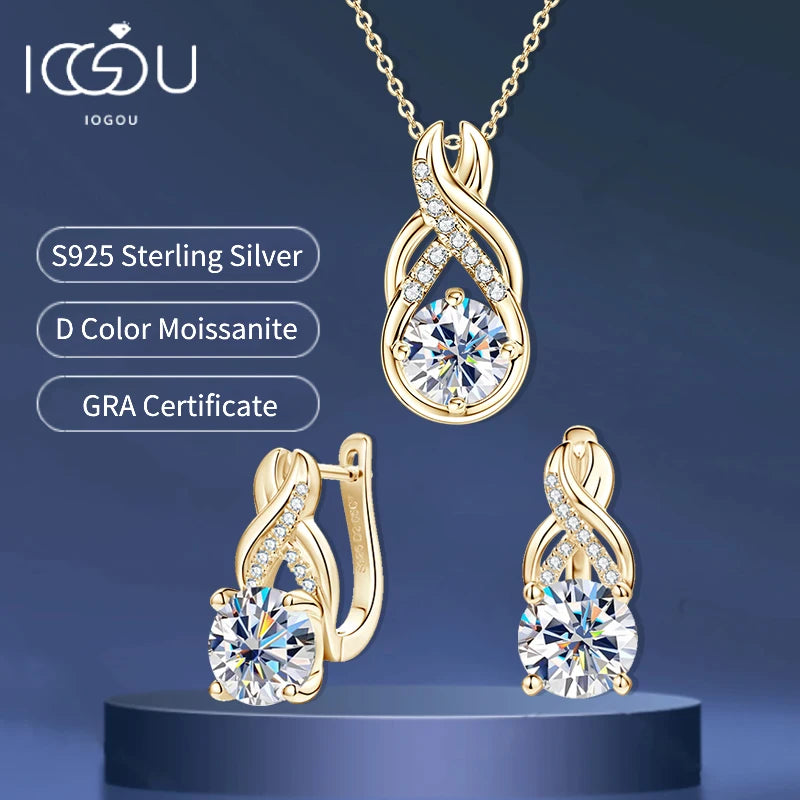 IOGOU Moissanite Jewelry Set Infinity Pendant Necklace Earrings