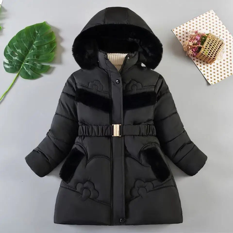 QICAIYAYA Girls Winter Hooded Coat With Detachable Hat And Waist Belt