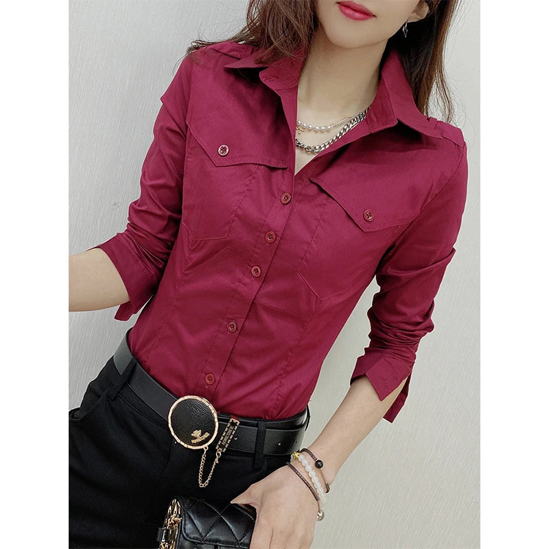 Women's European Style Long Sleeve Button Up Blouse With Pockets