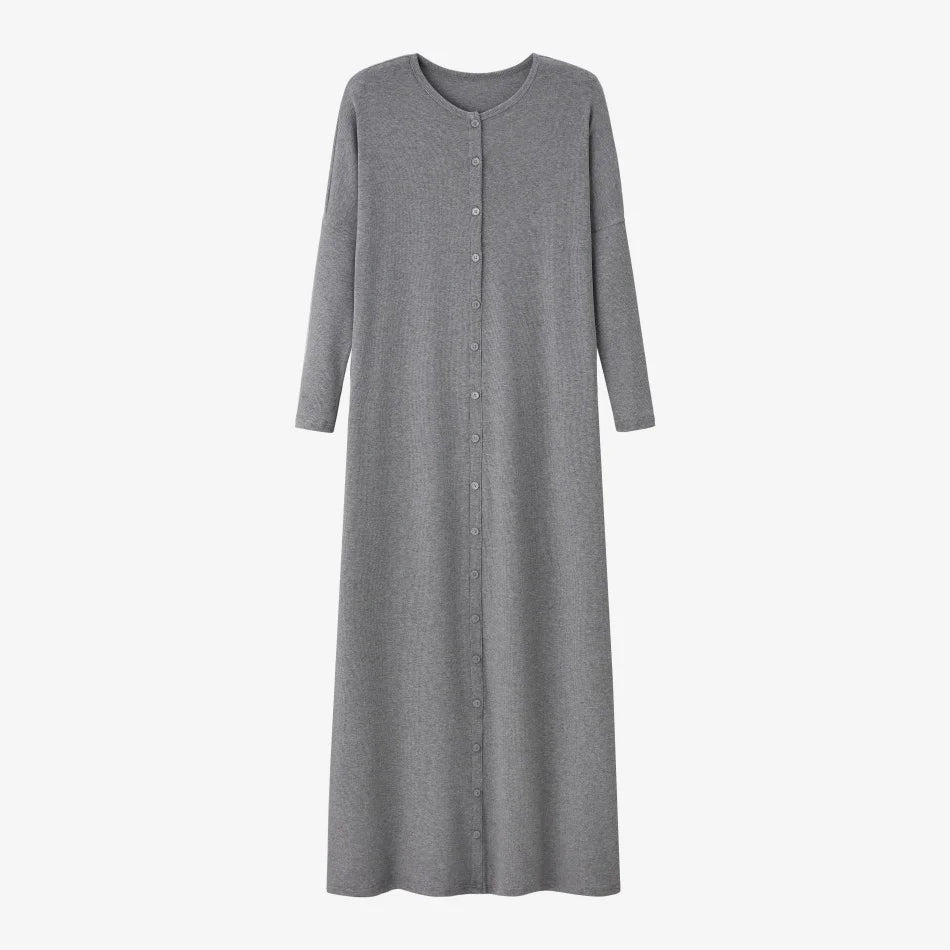 Women Loose Button Dress O Neck Rib Knit Cotton Elastane