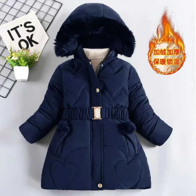 QICAIYAYA Girls Winter Hooded Coat With Detachable Hat And Waist Belt
