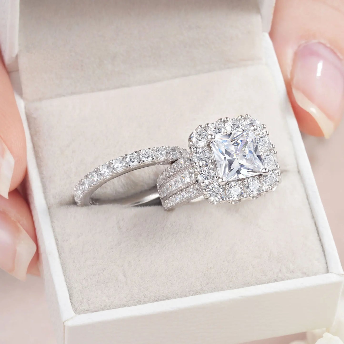 Newshe 2Pcs 925 Silver Halo Princess Cut Cubic Zircon Set