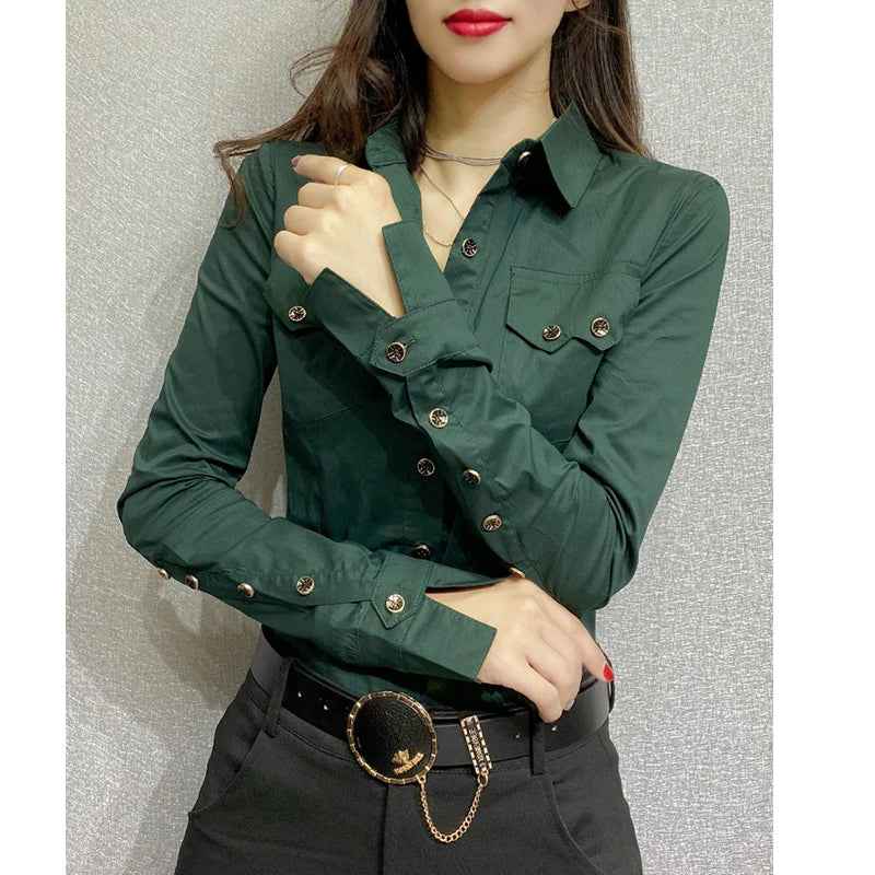 Women Long Sleeve Knit Button Up Blouse With Pockets For Office