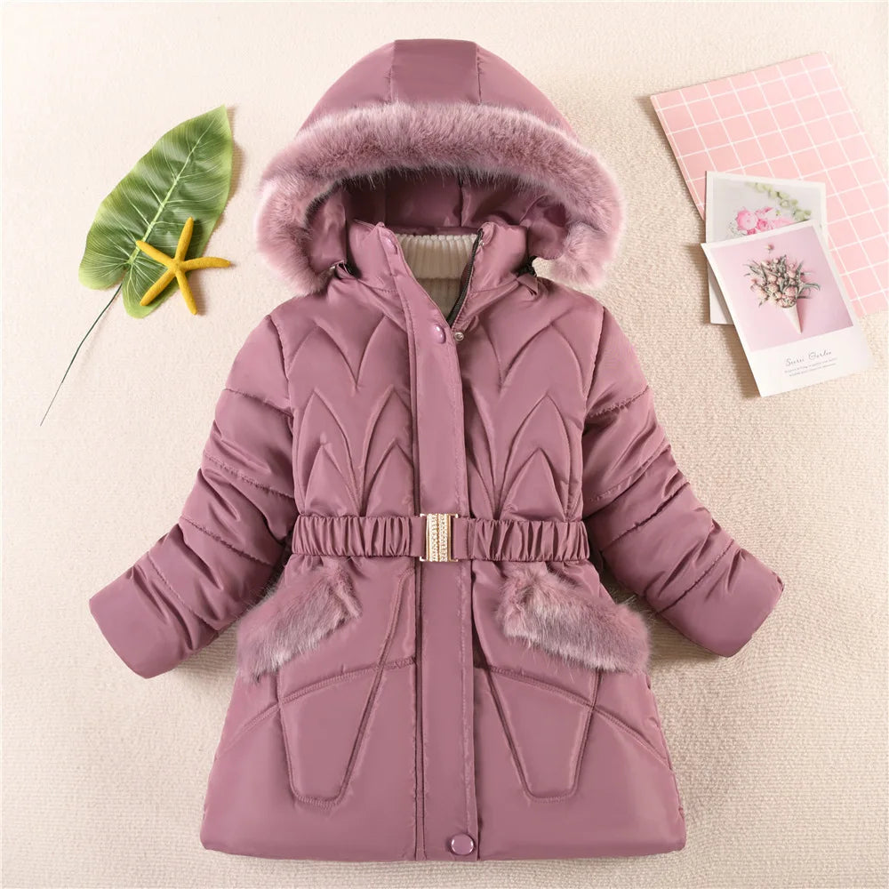 QICAIYAYA Girls Winter Hooded Coat With Detachable Hat And Waist Belt