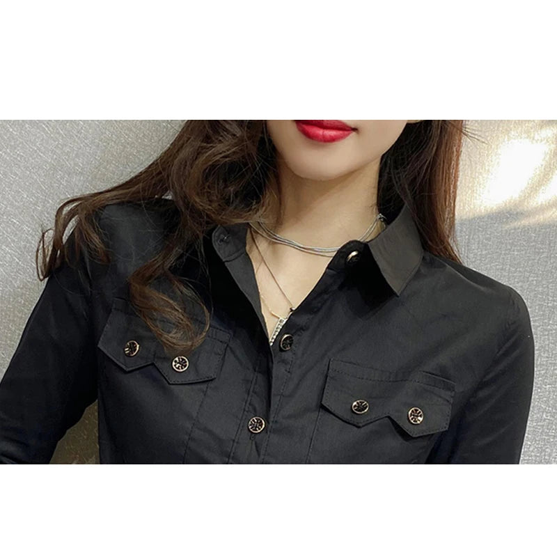 Women Long Sleeve Knit Button Up Blouse With Pockets For Office