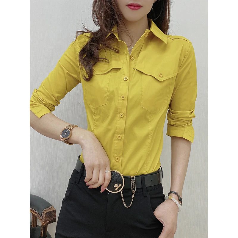 Women's European Style Long Sleeve Button Up Blouse With Pockets