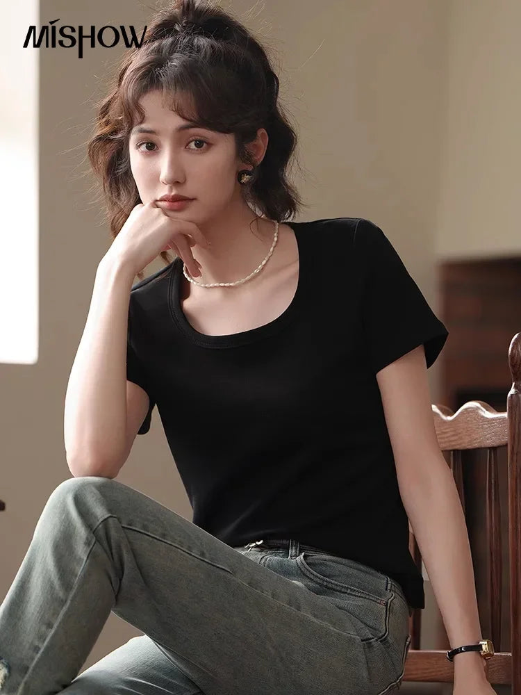 MISHOW Womens Short Sleeve Square Neck Cotton Tee Top