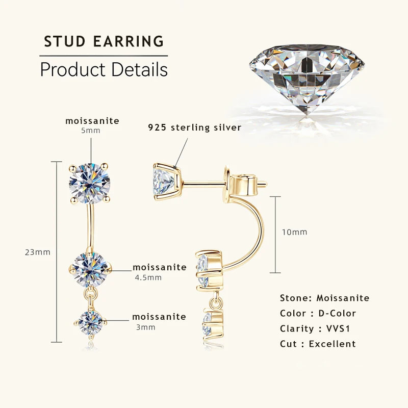 Lnngy Moissanite Stud Earrings 925 Sterling Silver Front Back