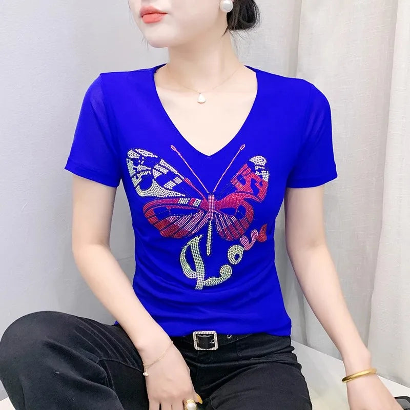 Korean Women Summer Mesh T Shirt Diamonds Butterfly Top