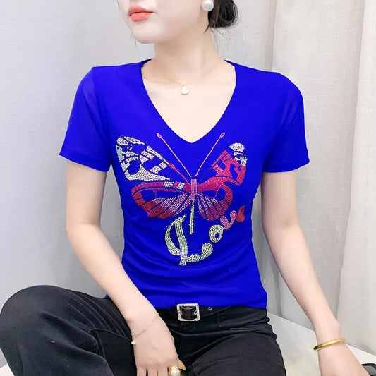 Korean Women Summer Mesh T Shirt Diamonds Butterfly Top