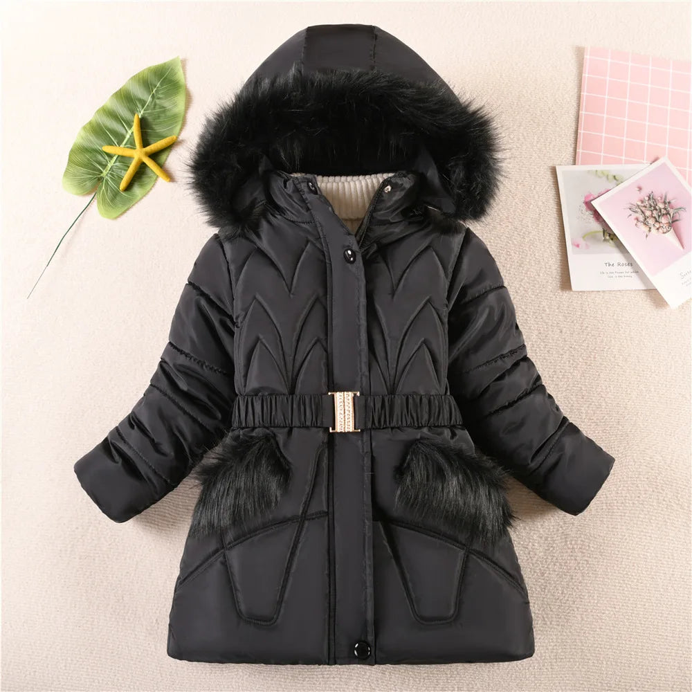 QICAIYAYA Girls Winter Hooded Coat With Detachable Hat And Waist Belt