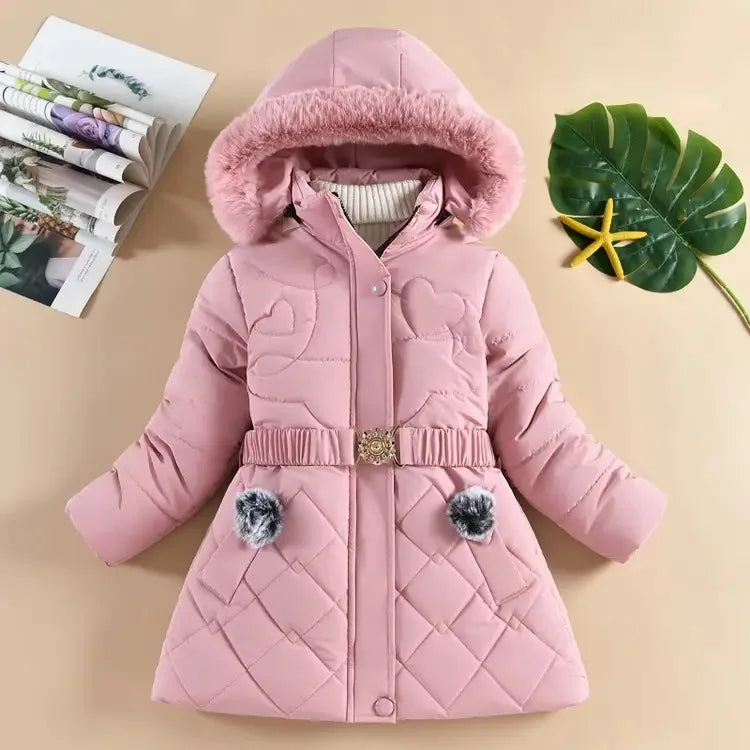 QICAIYAYA Girls Winter Hooded Coat With Detachable Hat And Waist Belt