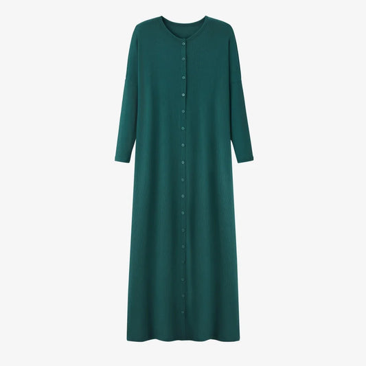 Women Loose Button Dress O Neck Rib Knit Cotton Elastane