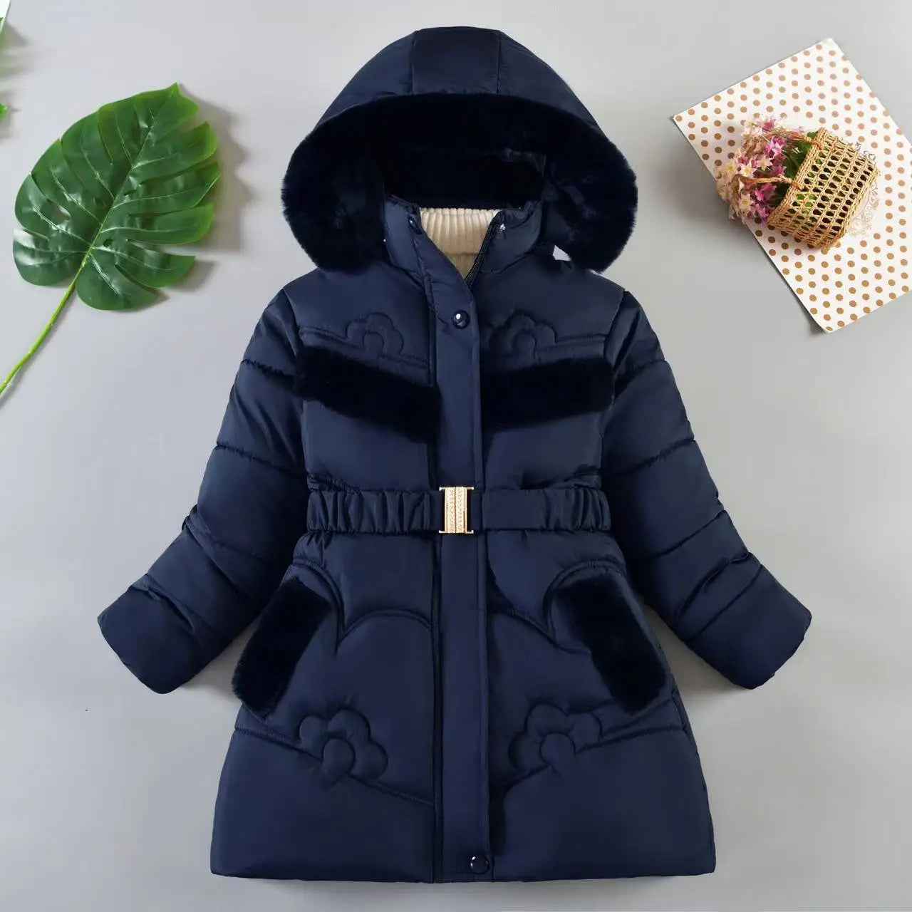 QICAIYAYA Girls Winter Hooded Coat With Detachable Hat And Waist Belt