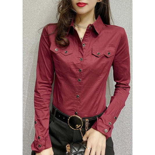 Women Long Sleeve Knit Button Up Blouse With Pockets For Office
