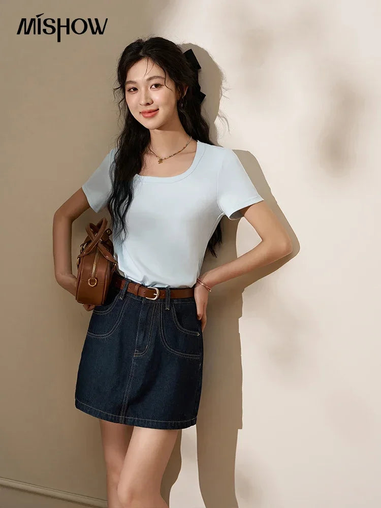 MISHOW Womens Short Sleeve Square Neck Cotton Tee Top