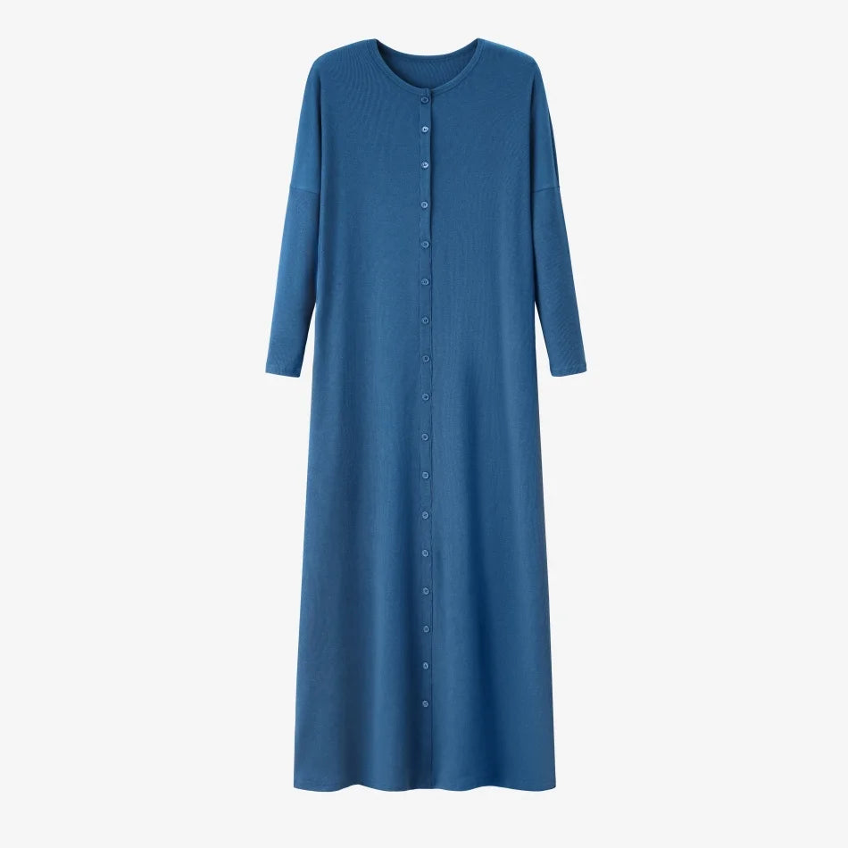 Women Loose Button Dress O Neck Rib Knit Cotton Elastane
