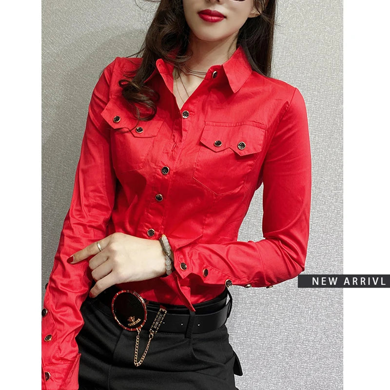 Women Long Sleeve Knit Button Up Blouse With Pockets For Office