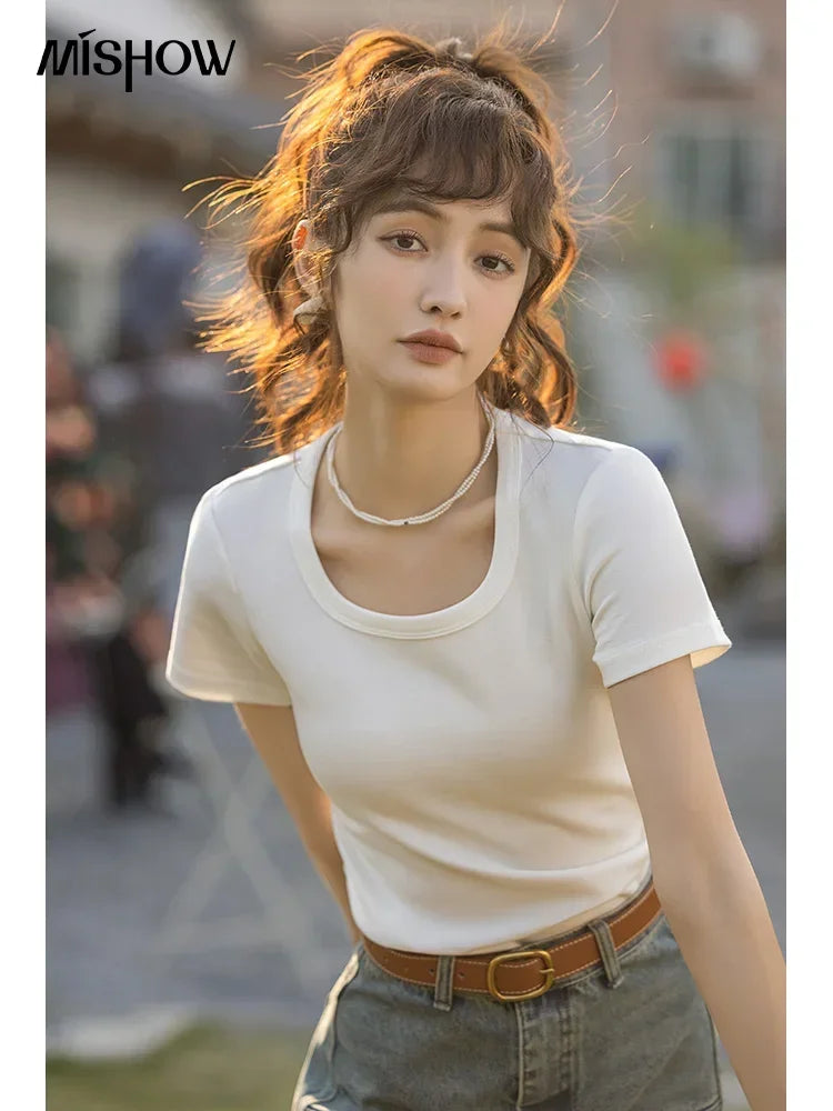 MISHOW Womens Short Sleeve Square Neck Cotton Tee Top