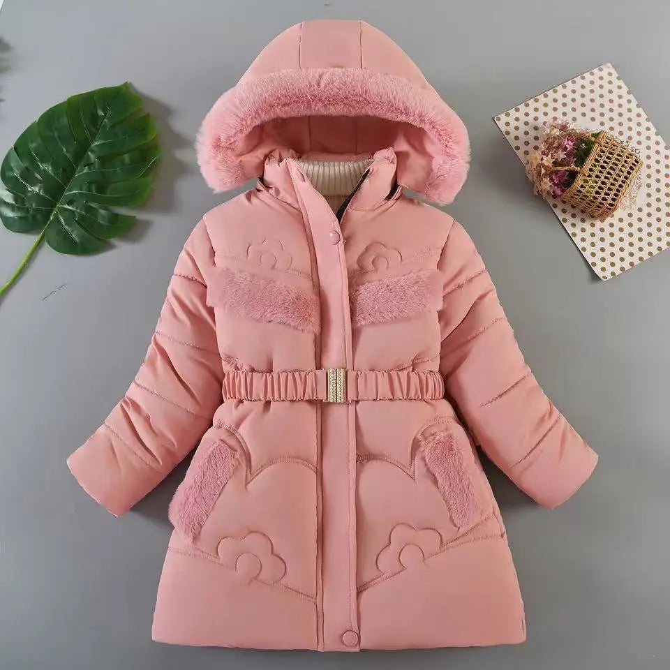QICAIYAYA Girls Winter Hooded Coat With Detachable Hat And Waist Belt