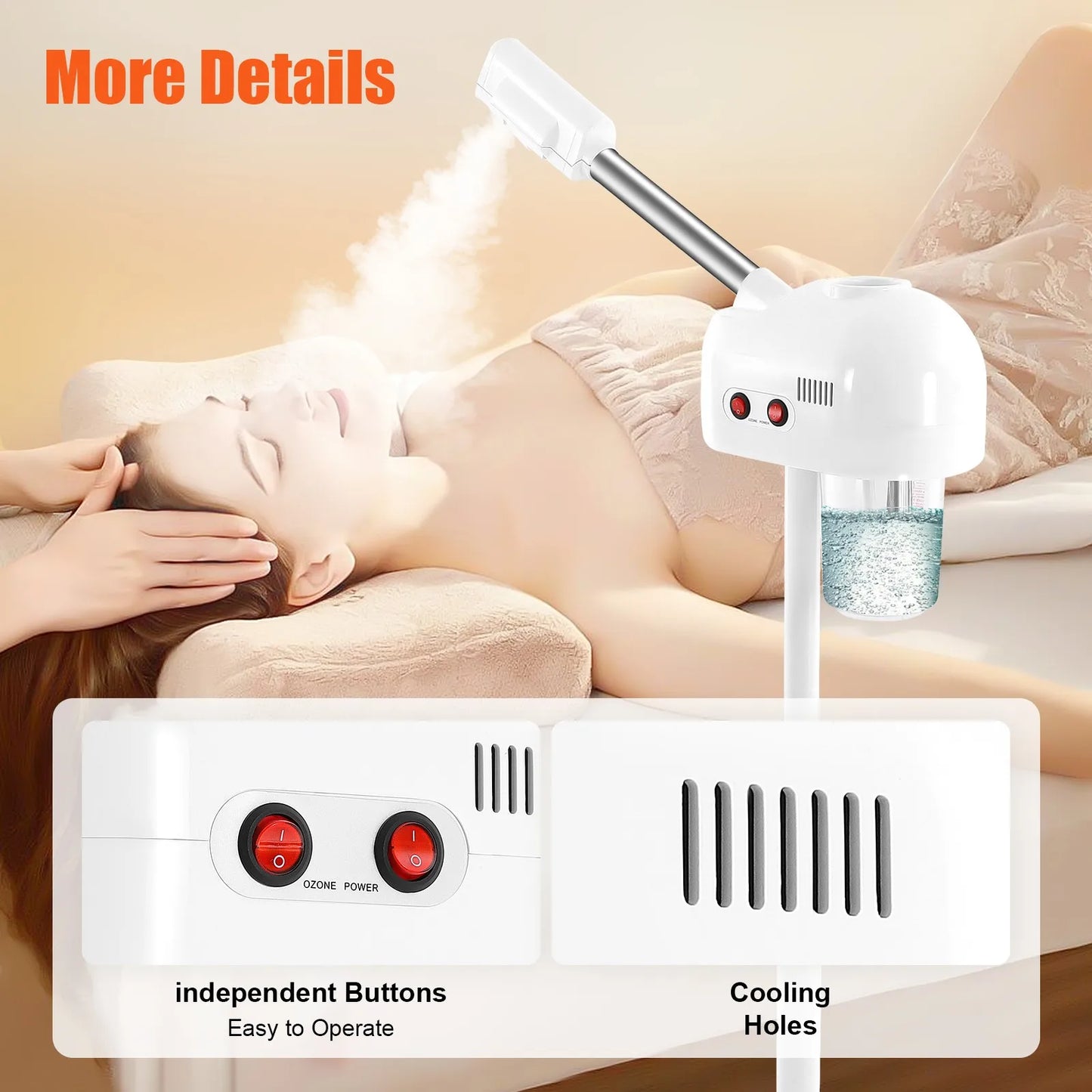 Ozone Facial Steamer Wheels With Adjustable Height And Rotating Nozzle