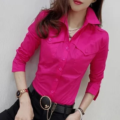 Women's European Style Long Sleeve Button Up Blouse With Pockets